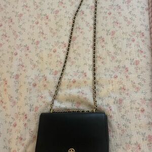 Tory Burch Black Leather Crossbody with Gold Chain